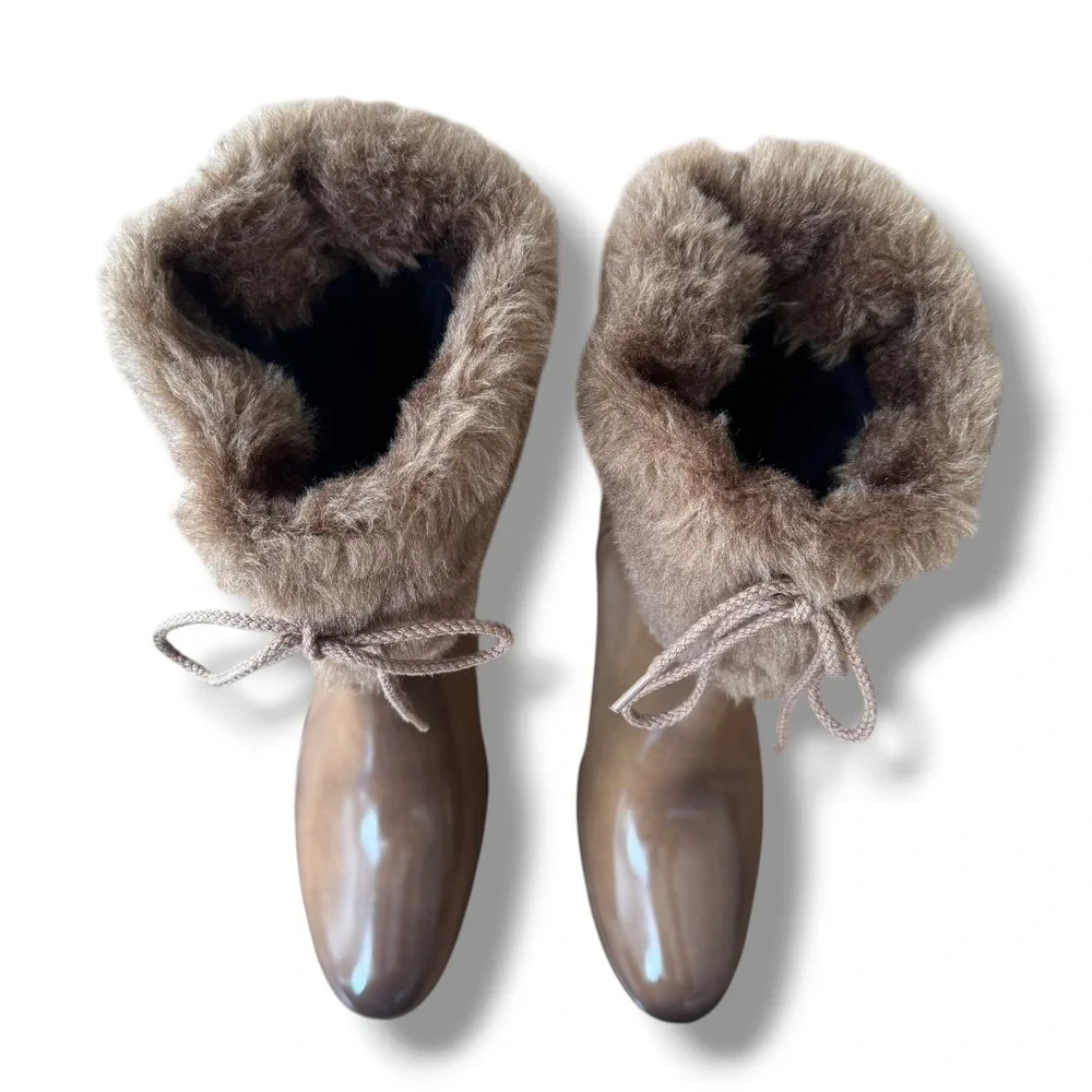 Vintage Brown Faux Fur Trim Rain Boots Womens Size 9 Block Heel Made in USA
